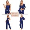image:imageSWOMOG Womens Silk Satin Pajamas Sets 4pcs Loungewear Sexy Cami Shorts Set Button Down Long Sleeve Pjs SleepwearNavy Blue