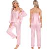 image:imageSWOMOG Womens Silk Satin Pajamas Sets 4pcs Loungewear Sexy Cami Shorts Set Button Down Long Sleeve Pjs SleepwearPink