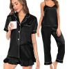 image:imageSWOMOG Womens Silk Satin Pajamas Sets 4pcs Loungewear Sexy Cami Shorts Set Button Down Long Sleeve Pjs SleepwearShort Sleeveblack