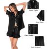 image:imageSWOMOG Womens Silk Satin Pajamas Sets 4pcs Loungewear Sexy Cami Shorts Set Button Down Long Sleeve Pjs SleepwearShort Sleeveblack