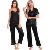 image:imageSWOMOG Womens Silk Satin Pajamas Sets 4pcs Loungewear Sexy Cami Shorts Set Button Down Long Sleeve Pjs SleepwearShort Sleeveblack