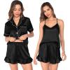 image:imageSWOMOG Womens Silk Satin Pajamas Sets 4pcs Loungewear Sexy Cami Shorts Set Button Down Long Sleeve Pjs SleepwearShort Sleeveblack