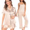image:imageSWOMOG Womens Silk Satin Pajamas Sets 4pcs Loungewear Sexy Cami Shorts Set Button Down Long Sleeve Pjs SleepwearShort Sleevechampagne