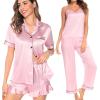 image:imageSWOMOG Womens Silk Satin Pajamas Sets 4pcs Loungewear Sexy Cami Shorts Set Button Down Long Sleeve Pjs SleepwearShort Sleevepink