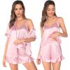 image:imageSWOMOG Womens Silk Satin Pajamas Sets 4pcs Loungewear Sexy Cami Shorts Set Button Down Long Sleeve Pjs SleepwearShort Sleevepink