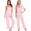 image:imageSWOMOG Womens Silk Satin Pajamas Sets 4pcs Loungewear Sexy Cami Shorts Set Button Down Long Sleeve Pjs SleepwearShort Sleevepink