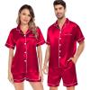 image:imageSWOMOG Satin Matching Pajamas Sets Couple Silk Button Down Nightwear Women amp Men Short Sleeve Sleepwear 2 Pieces LoungewearCamellia Red