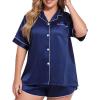 image:imageSWOMOG Womens Plus Size Satin Pajama Set Short Sleeve 2 piece Pj Sets Sleepwear Silk Button Down Loungewear Pjs Shorts SetNavy Blue