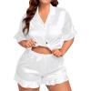 image:imageSWOMOG Womens Satin Plus Size Pajamas Silk Short Sleeve Pjs Sets Ruffle Shorts 2 Piece Loose Outfit Sleepwear with PocketWhite