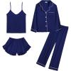 image:imageSWOMOG Womens Silk Satin Pajamas Sets 4pcs Loungewear Sexy Cami Shorts Set Button Down Long Sleeve Pjs SleepwearLong Sleevenavy Blue
