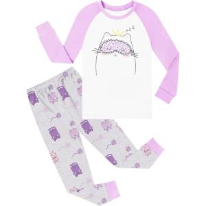image:imageSWOMOG Girls Pajama Set Short Sleeve Tops amp Ruffled Shorts with Pocket 2 Piece Summer Pajamas for Kids Size 615Raglan Sleevespurple Kittten Grey