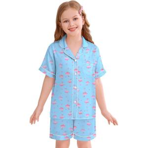image:imageSWOMOG Kids Silky Satin Pajamas Set Girls Boys ButtonDown Sleepwear Short Sleeve 2 Piece PJs Sets Lounge SetsBlue Flamingo