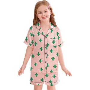 image:imageSWOMOG Kids Silky Satin Pajamas Set Girls Boys ButtonDown Sleepwear Short Sleeve 2 Piece PJs Sets Lounge SetsCactus Pink