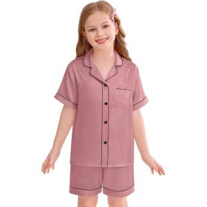 image:imageSWOMOG Kids Silky Satin Pajamas Set Girls Boys ButtonDown Sleepwear Short Sleeve 2 Piece PJs Sets Lounge SetsMisty Rose