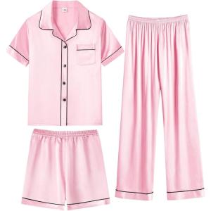 image:imageSWOMOG Kids Silky Satin Pajamas Set Girls Boys ButtonDown Sleepwear Short Sleeve 2 Piece PJs Sets Lounge SetsZ  Pink 3pcs