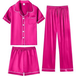 image:imageSWOMOG Kids Silky Satin Pajamas Set Girls Boys ButtonDown Sleepwear Short Sleeve 2 Piece PJs Sets Lounge SetsZ  Rose Red 3pcs