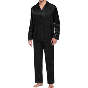image:imageSWOMOG Men Pajamas Matching Pajamas Set Silk Satin Pj Long Sleeve Button Down Sleepwear 2 Pcs LoungewearBlack