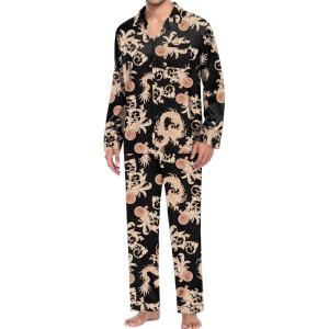 image:imageSWOMOG Men Pajamas Matching Pajamas Set Silk Satin Pj Long Sleeve Button Down Sleepwear 2 Pcs LoungewearBlack Dragon