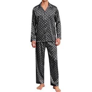 image:imageSWOMOG Men Pajamas Matching Pajamas Set Silk Satin Pj Long Sleeve Button Down Sleepwear 2 Pcs LoungewearBlack Floral