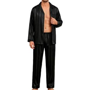 image:imageSWOMOG Men Pajamas Matching Pajamas Set Silk Satin Pj Long Sleeve Button Down Sleepwear 2 Pcs LoungewearBlack Stripe