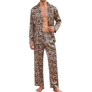 image:imageSWOMOG Men Pajamas Matching Pajamas Set Silk Satin Pj Long Sleeve Button Down Sleepwear 2 Pcs LoungewearLeopard Print