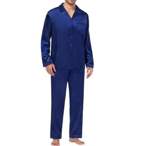 image:imageSWOMOG Men Pajamas Matching Pajamas Set Silk Satin Pj Long Sleeve Button Down Sleepwear 2 Pcs LoungewearNavy Blue