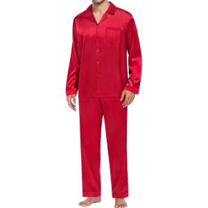 image:imageSWOMOG Men Pajamas Matching Pajamas Set Silk Satin Pj Long Sleeve Button Down Sleepwear 2 Pcs LoungewearRed
