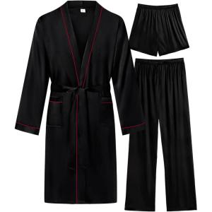 image:imageSWOMOG Mens 3 PCS Satin Robe with Pants amp Shorts Set Kimono Bathrobe Long Sleeve Sleepwear Pjs Sets with PocketsBlack  Red Trimming