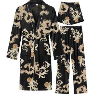 image:imageSWOMOG Mens 3 PCS Satin Robe with Pants amp Shorts Set Kimono Bathrobe Long Sleeve Sleepwear Pjs Sets with PocketsBlack Dragon