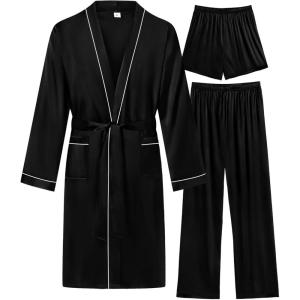 image:imageSWOMOG Mens 3 PCS Satin Robe with Pants amp Shorts Set Kimono Bathrobe Long Sleeve Sleepwear Pjs Sets with PocketsBlack1  White Trimming