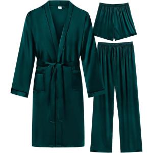 image:imageSWOMOG Mens 3 PCS Satin Robe with Pants amp Shorts Set Kimono Bathrobe Long Sleeve Sleepwear Pjs Sets with PocketsDeep Green