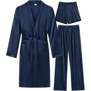 image:imageSWOMOG Mens 3 PCS Satin Robe with Pants amp Shorts Set Kimono Bathrobe Long Sleeve Sleepwear Pjs Sets with PocketsDeep Grey