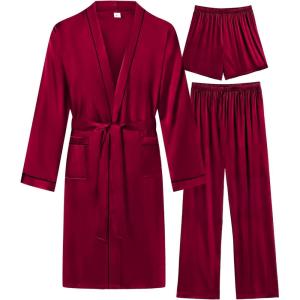 image:imageSWOMOG Mens 3 PCS Satin Robe with Pants amp Shorts Set Kimono Bathrobe Long Sleeve Sleepwear Pjs Sets with PocketsDeep Wine Red
