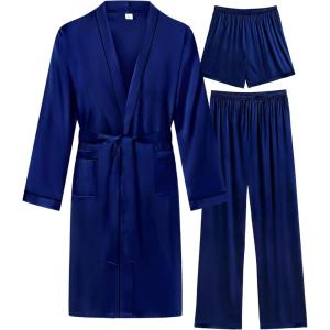 image:imageSWOMOG Mens 3 PCS Satin Robe with Pants amp Shorts Set Kimono Bathrobe Long Sleeve Sleepwear Pjs Sets with PocketsNavy Blue