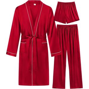 image:imageSWOMOG Mens 3 PCS Satin Robe with Pants amp Shorts Set Kimono Bathrobe Long Sleeve Sleepwear Pjs Sets with PocketsRed