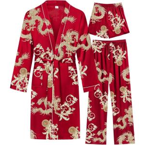 image:imageSWOMOG Mens 3 PCS Satin Robe with Pants amp Shorts Set Kimono Bathrobe Long Sleeve Sleepwear Pjs Sets with PocketsRed Dragon