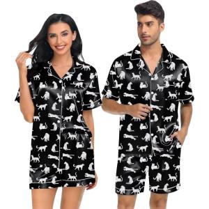image:imageSWOMOG Satin Matching Pajamas Sets Couple Silk Button Down Nightwear Women amp Men Short Sleeve Sleepwear 2 Pieces LoungewearBlack Leopard