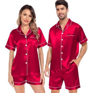 image:imageSWOMOG Satin Matching Pajamas Sets Couple Silk Button Down Nightwear Women amp Men Short Sleeve Sleepwear 2 Pieces LoungewearCamellia Red