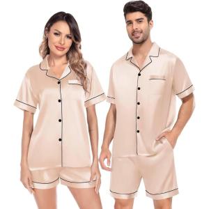 image:imageSWOMOG Satin Matching Pajamas Sets Couple Silk Button Down Nightwear Women amp Men Short Sleeve Sleepwear 2 Pieces LoungewearChampagne