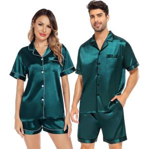 image:imageSWOMOG Satin Matching Pajamas Sets Couple Silk Button Down Nightwear Women amp Men Short Sleeve Sleepwear 2 Pieces LoungewearDark Green