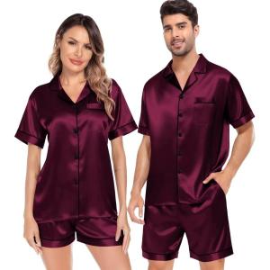 image:imageSWOMOG Satin Matching Pajamas Sets Couple Silk Button Down Nightwear Women amp Men Short Sleeve Sleepwear 2 Pieces LoungewearDeep Wine Red