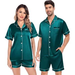 image:imageSWOMOG Satin Matching Pajamas Sets Couple Silk Button Down Nightwear Women amp Men Short Sleeve Sleepwear 2 Pieces LoungewearGreen