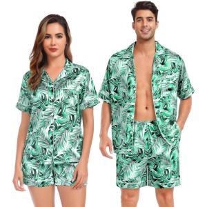image:imageSWOMOG Satin Matching Pajamas Sets Couple Silk Button Down Nightwear Women amp Men Short Sleeve Sleepwear 2 Pieces LoungewearGreen Leaves