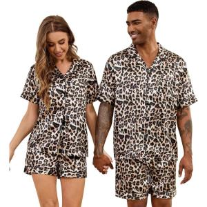 image:imageSWOMOG Satin Matching Pajamas Sets Couple Silk Button Down Nightwear Women amp Men Short Sleeve Sleepwear 2 Pieces LoungewearLeopard