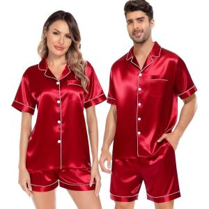 image:imageSWOMOG Satin Matching Pajamas Sets Couple Silk Button Down Nightwear Women amp Men Short Sleeve Sleepwear 2 Pieces LoungewearLight Red