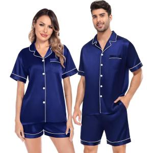 image:imageSWOMOG Satin Matching Pajamas Sets Couple Silk Button Down Nightwear Women amp Men Short Sleeve Sleepwear 2 Pieces LoungewearNavy Blue