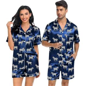 image:imageSWOMOG Satin Matching Pajamas Sets Couple Silk Button Down Nightwear Women amp Men Short Sleeve Sleepwear 2 Pieces LoungewearNavy Blue Zebra