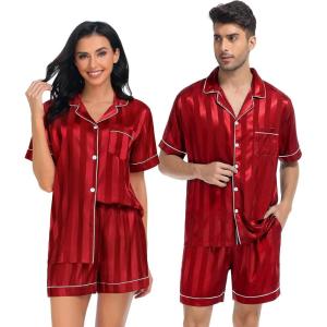 image:imageSWOMOG Satin Matching Pajamas Sets Couple Silk Button Down Nightwear Women amp Men Short Sleeve Sleepwear 2 Pieces LoungewearRed Striped