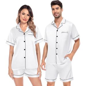 image:imageSWOMOG Satin Matching Pajamas Sets Couple Silk Button Down Nightwear Women amp Men Short Sleeve Sleepwear 2 Pieces LoungewearWhite