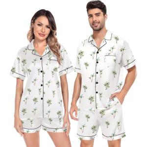image:imageSWOMOG Satin Matching Pajamas Sets Couple Silk Button Down Nightwear Women amp Men Short Sleeve Sleepwear 2 Pieces LoungewearWhite Coconut Tree